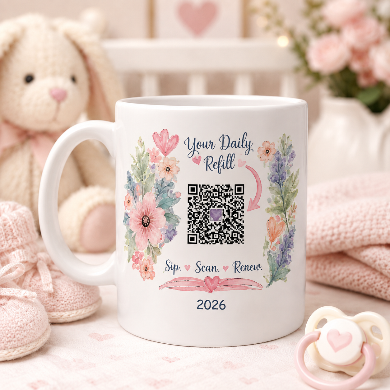 Sleep is Temporary, Coffee is Necessary mug, opposite side with QR code